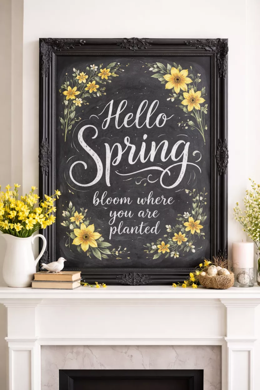 Framed Chalkboard With Spring Quotes A realistic photo of a large ornate black chalkboard frame on a white mantel with a hand drawn spring quote in white chalk surrounded by small yellow flowers.