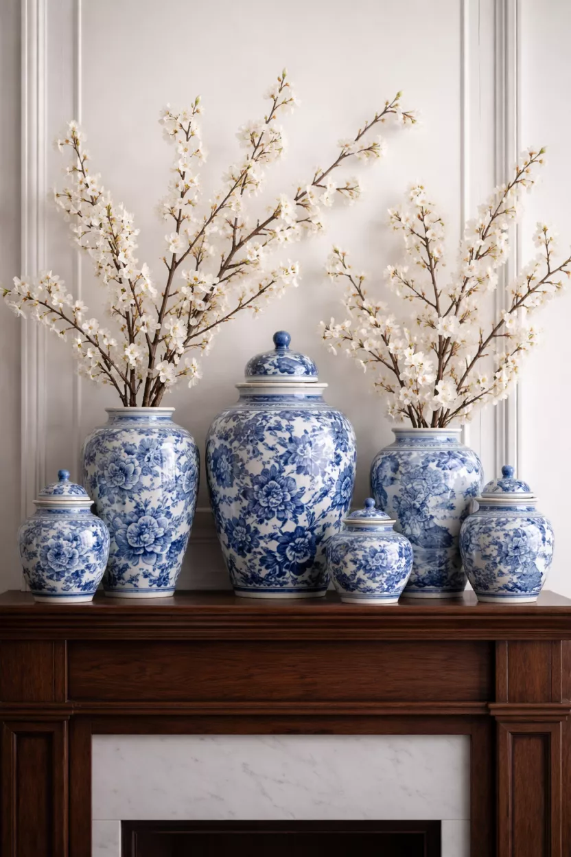 Blue And White Ginger Jars A realistic photo of several different heights of blue and white ceramic ginger jars with floral patterns on a dark walnut mantel with white cherry blossom branches inside.