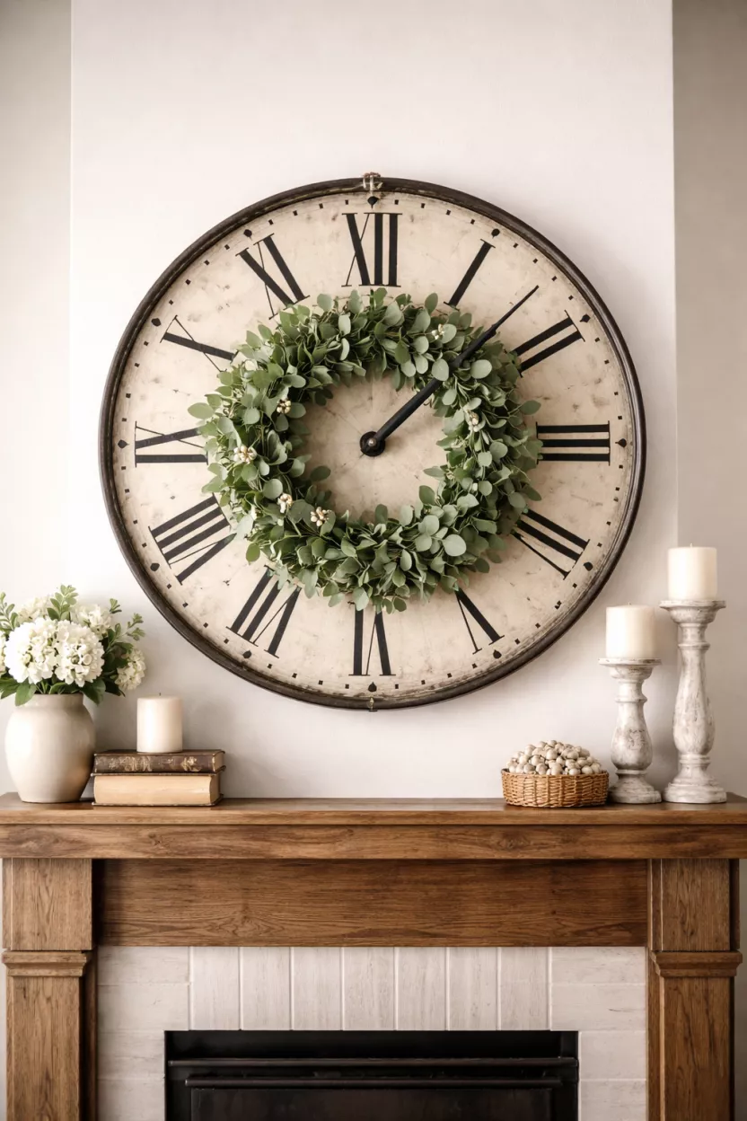 Oversized Clock And Eucalyptus Wreath A realistic photo of a large round metal clock on a wooden mantel with a green eucalyptus wreath hanging directly over the center of the clock face.