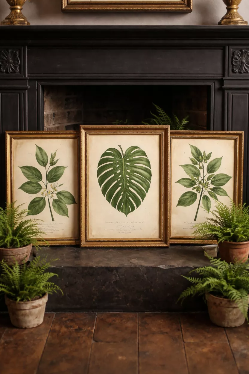 Vintage Botanical Prints In Gold Frames A realistic photo of three vintage botanical prints with green leaf illustrations housed in ornate gold frames leaning against a dark charcoal fireplace mantel surrounded by small potted ferns.