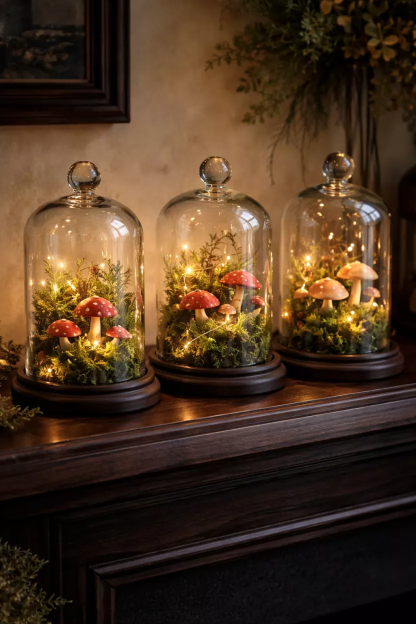 Glass Bell Jars With Moss And Mushrooms A realistic photo of three glass bell jars on a dark wood mantel containing green forest moss and small realistic faux mushrooms with a strand of warm fairy lights inside.