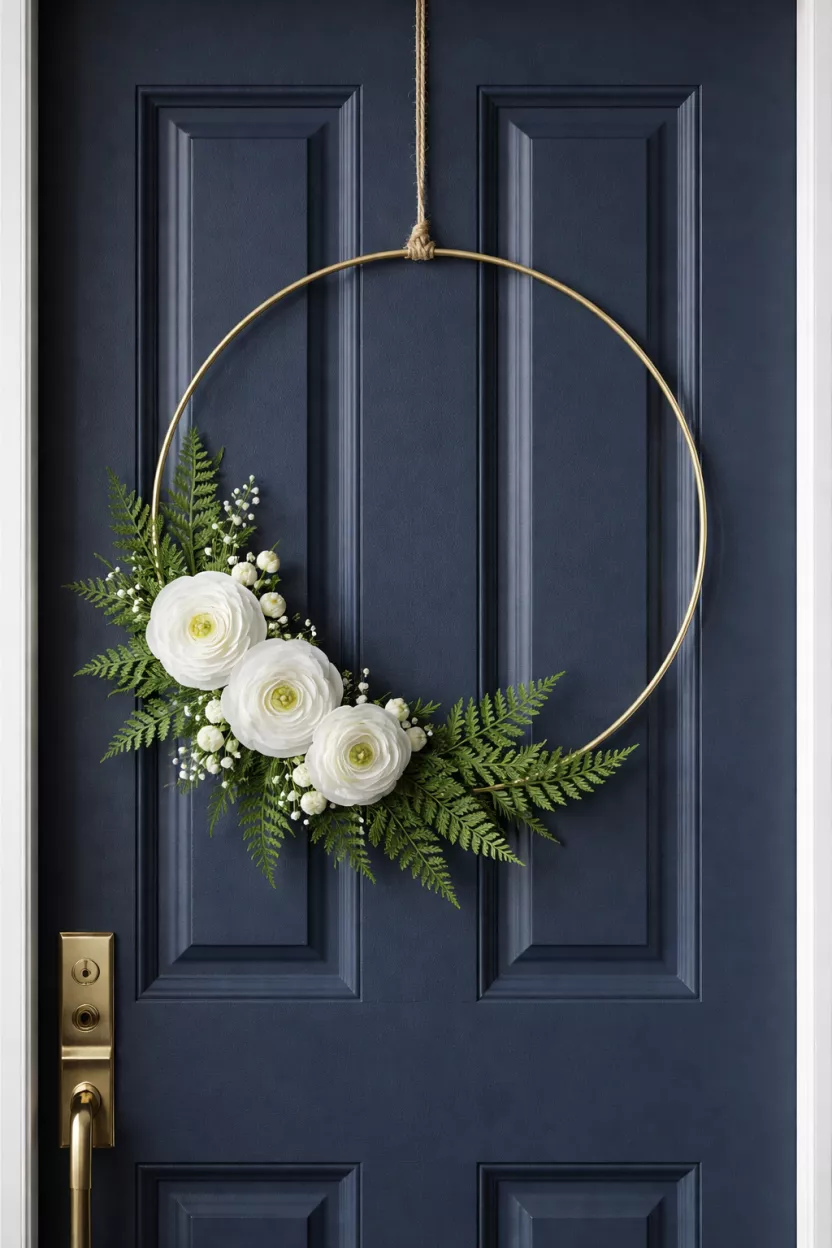 A realistic photo of a gold metal hoop wreath with a small arrangement of white ranunculus and green fern leaves on one side, hanging on a modern navy blue door.