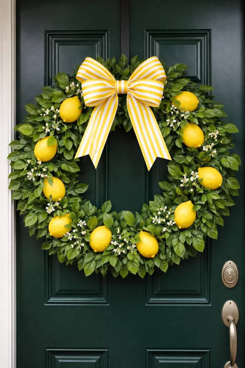 A realistic photo of a wreath made from faux green leaves and bright yellow lemons, with a yellow and white striped bow, hanging on a dark green front door.