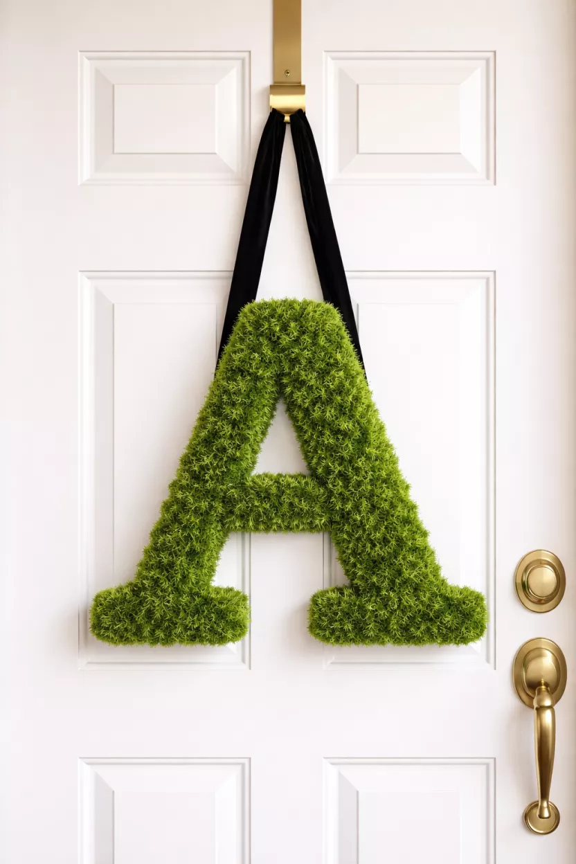 Monogrammed Moss Letters A realistic photo of a large green moss covered initial letter hanging from a black velvet ribbon on a white front door, the fuzzy green texture looks soft and organic against the clean white paint and brass hardware.