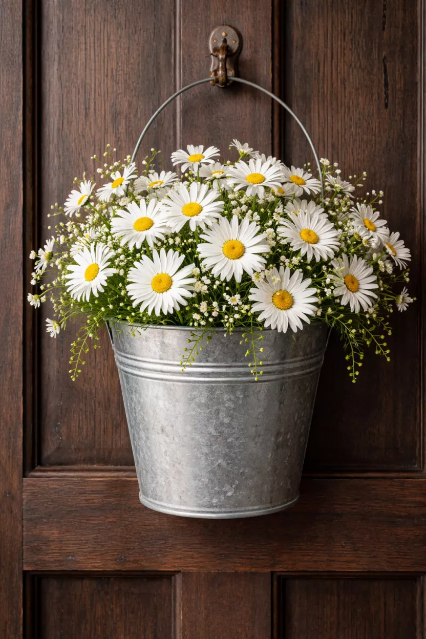 Galvanized Metal Bucket Display A realistic photo of a silver galvanized metal wall bucket hanging on a dark wood door, overflowing with white daisies and yellow center flowers, creating a farmhouse style look for springtime.