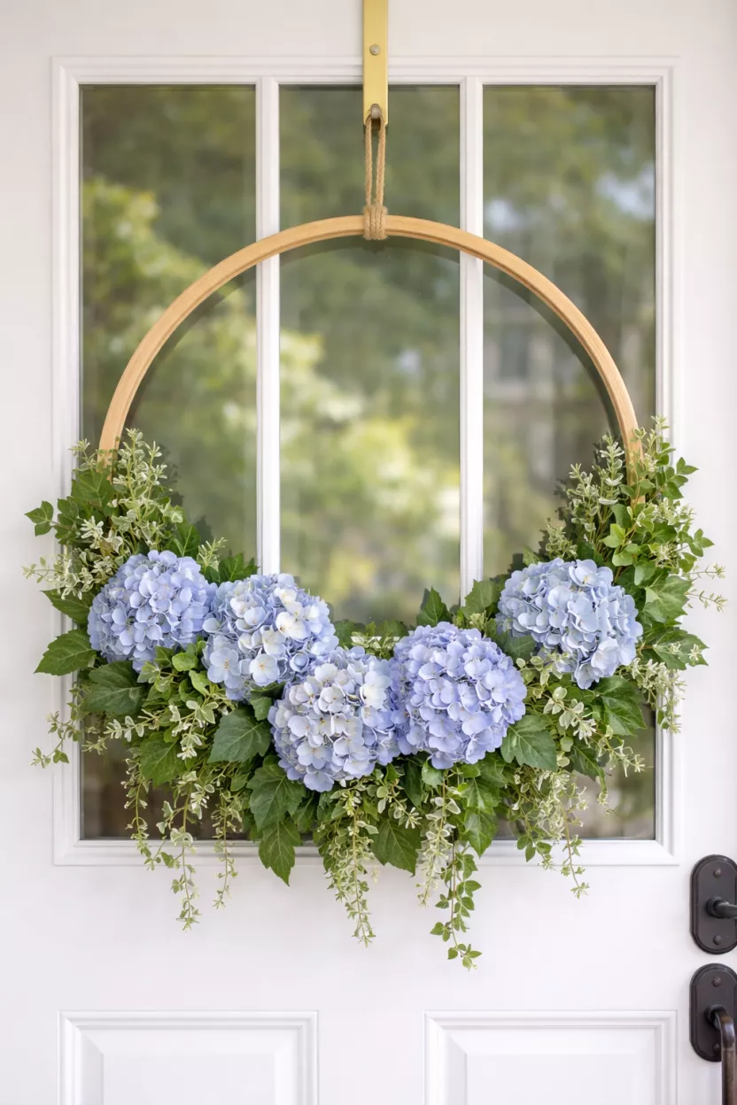 A realistic photo of a large wooden hoop wreath featuring blue hydrangeas and green ivy leaves on the bottom half, hanging on a white front door against a glass panel.