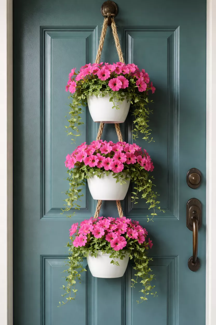 A realistic photo of three small white ceramic pots hanging vertically on a front door using thick jute rope, each filled with bright pink petunias and trailing green vines.