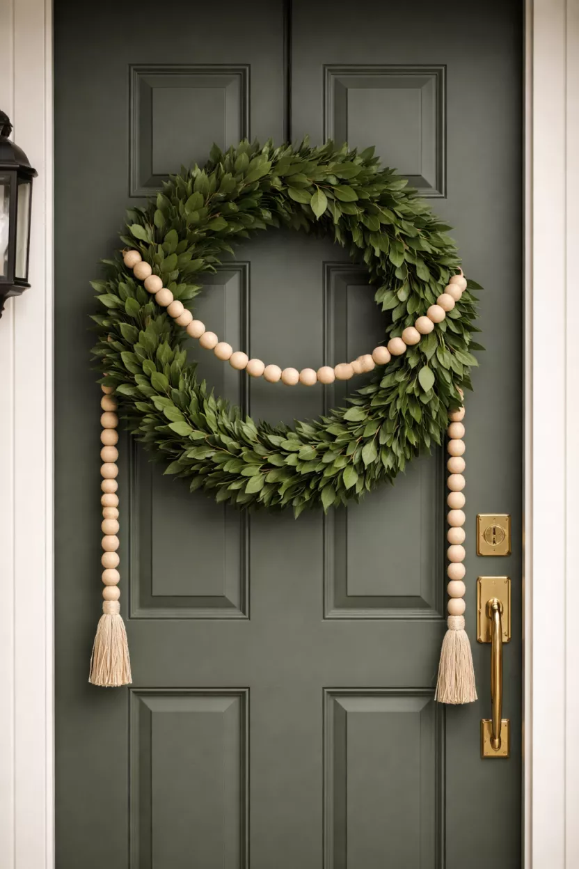 A realistic photo of a simple green leaf wreath on a front door, with a long wooden bead garland draped across the door and through the center of the wreath.