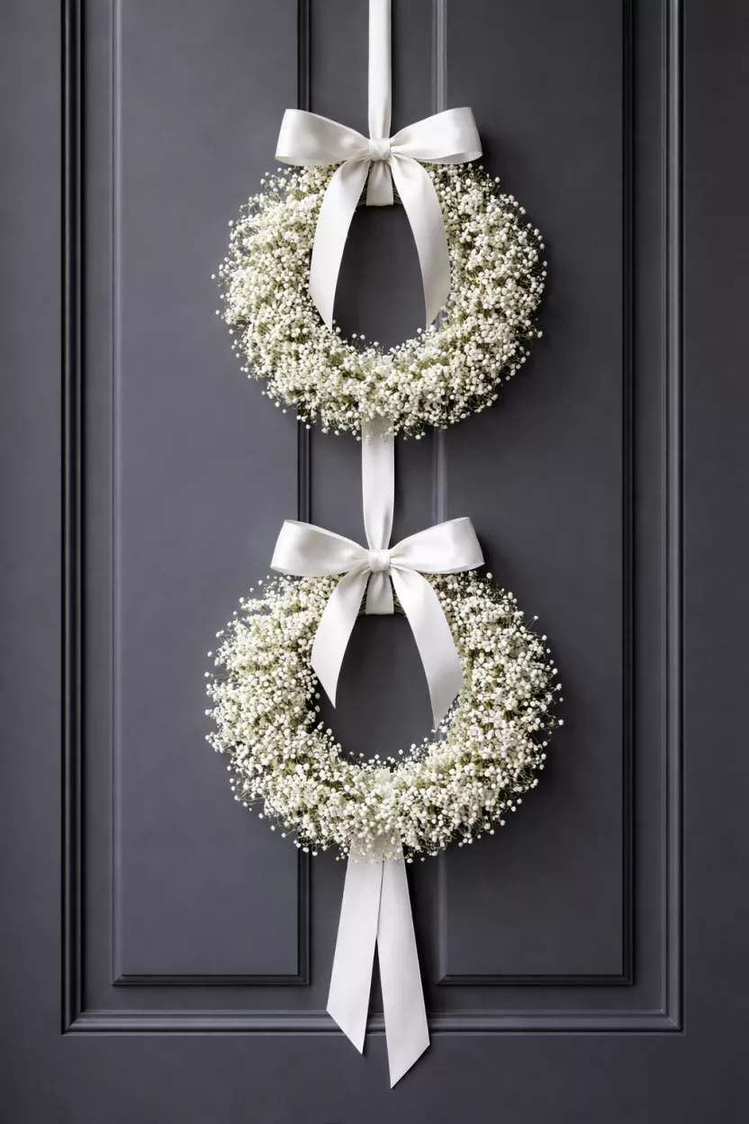 A realistic photo of two identical small white baby's breath wreaths hanging one above the other on a long dark grey door, connected by a wide white satin ribbon.