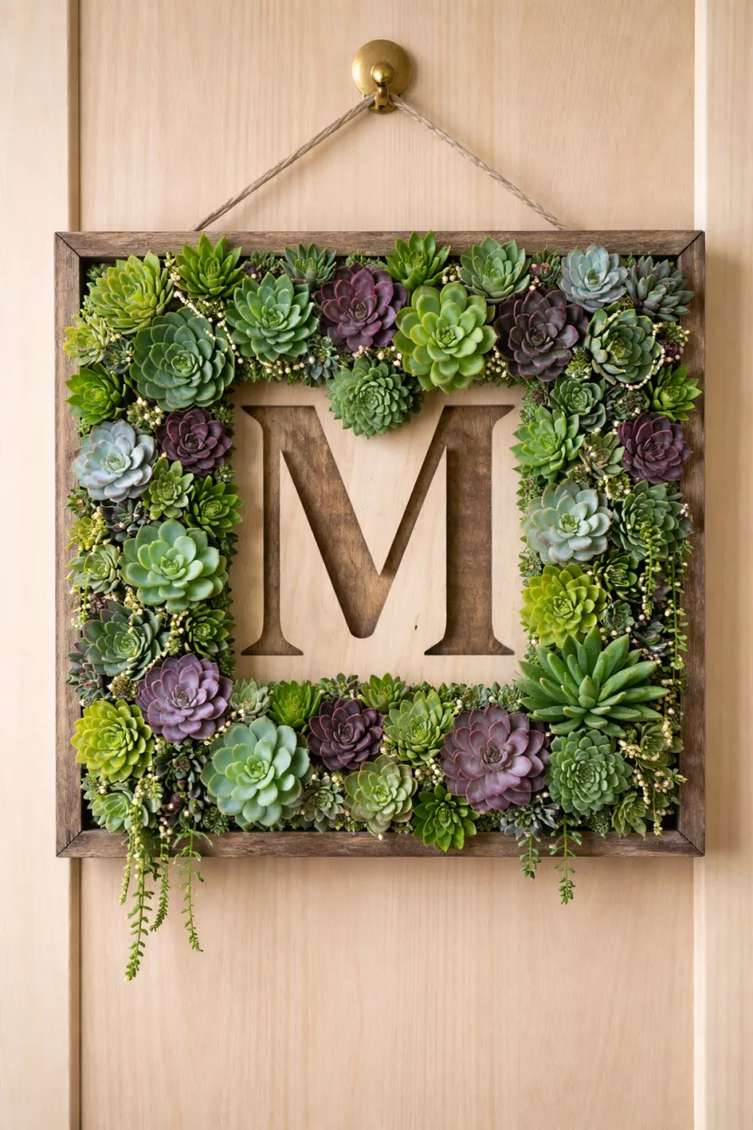 A realistic photo of a square wooden frame filled with many different types of green and purple succulents, with a large 'M' carved out of the center, hanging on a light wood door.