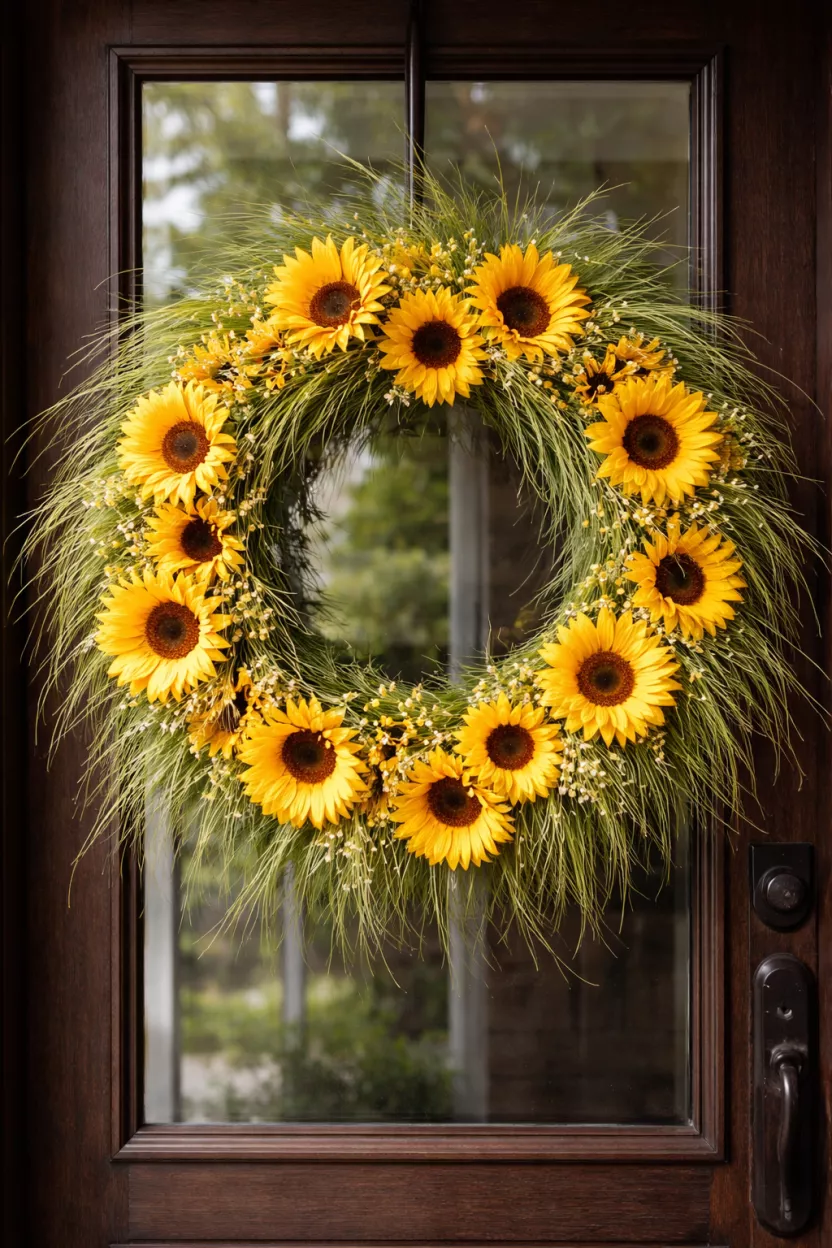 A realistic photo of a large wreath made of yellow sunflowers and long whispy green grass, hanging on a dark brown wooden front door with a large glass panel.