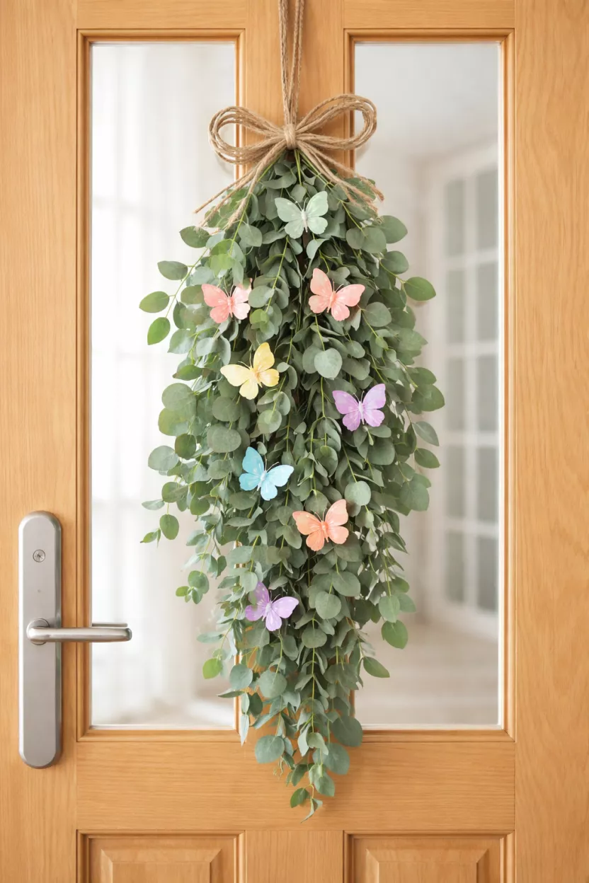 Pastel Butterfly Swag A realistic photo of a vertical door swag made of eucalyptus leaves and small colorful pastel butterfly ornaments, hanging on a natural wood door with a silver handle and clean glass panels.