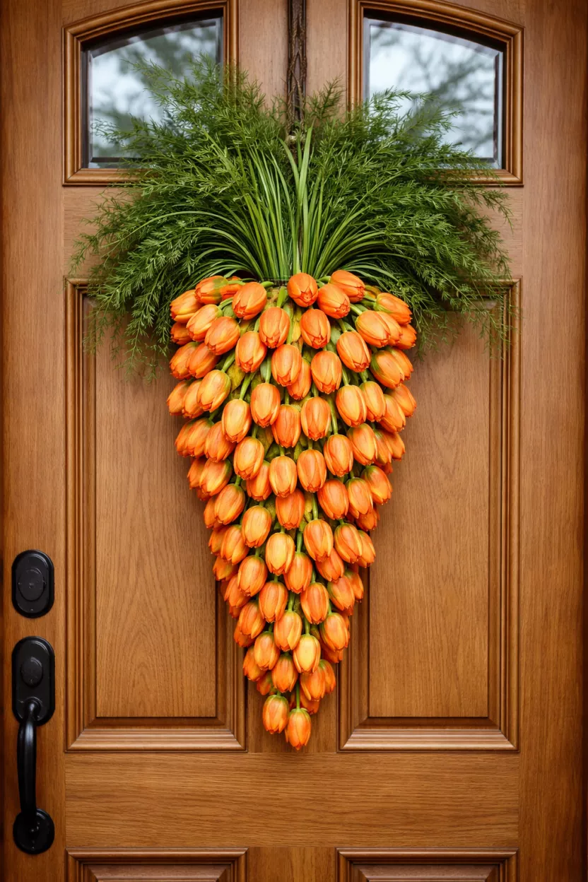 A realistic photo of a carrot shaped wreath made entirely of orange tulips for the body and green foliage for the top, hanging on a natural wood front door.