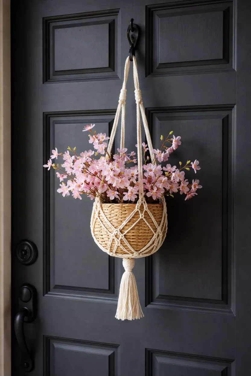 Bohemian Macrame Flower Basket A realistic photo of an ivory macrame hanging basket holding a woven pot with pink cherry blossoms, suspended from a black metal hook on a charcoal grey front door.