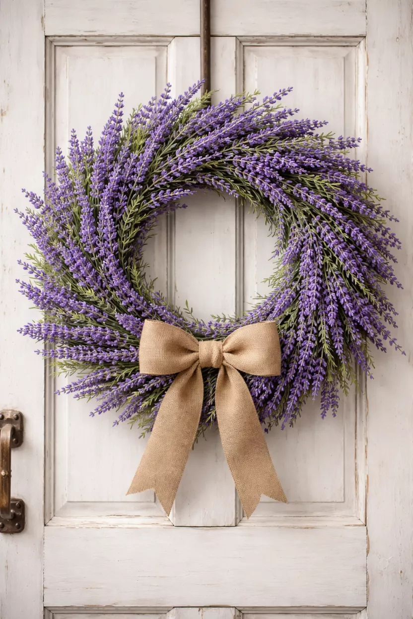 Lavender and Burlap Beauty A realistic photo of a thick lavender wreath with purple flowers and green sprigs, featuring a large tan burlap bow at the bottom, hanging on a rustic white farmhouse door.