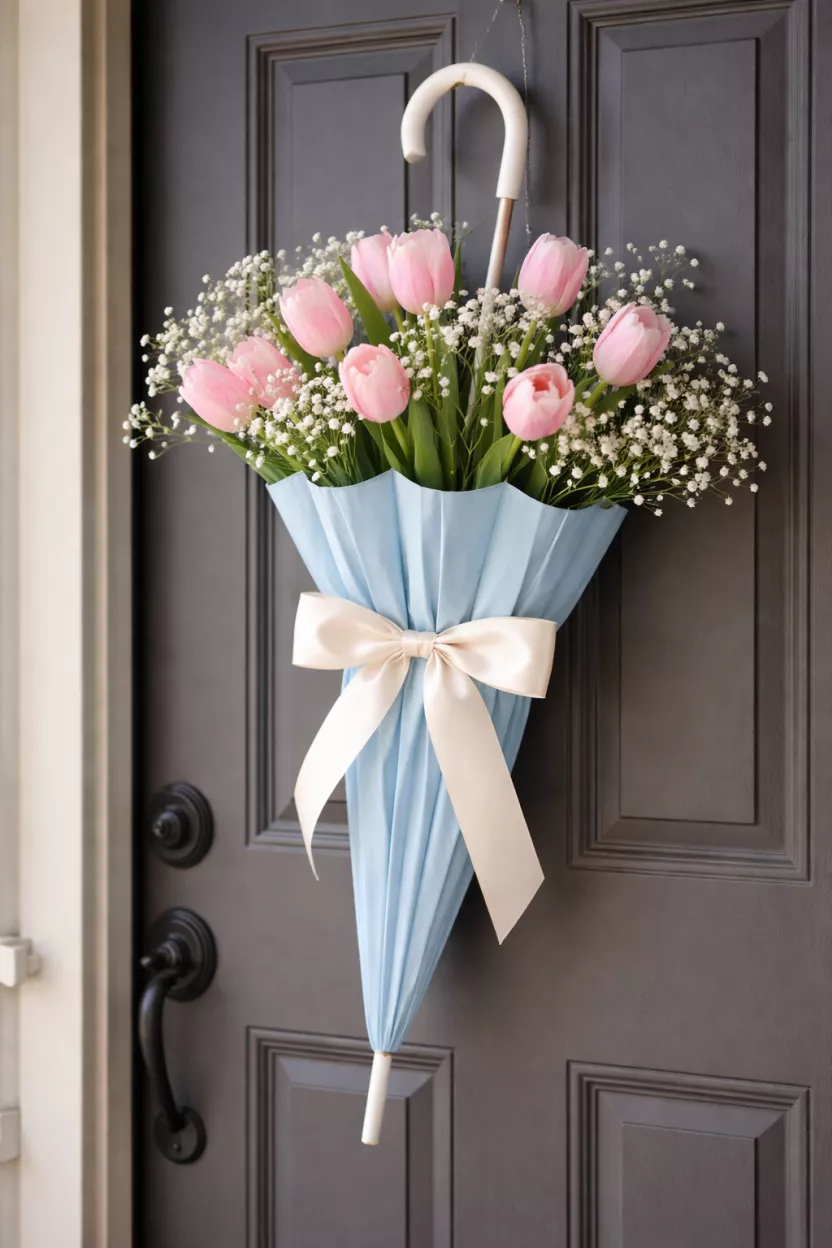 Vintage Umbrella Flower Holder A realistic photo of a light blue vintage umbrella used as a hanging planter on a front door, containing pink tulips and white baby's breath flowers, with a silk ribbon tied around the middle of the umbrella.