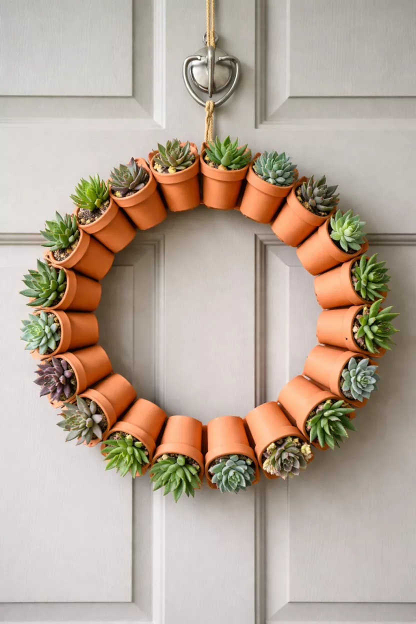 Terracotta Pot Wreath A realistic photo of a wreath made from small orange terracotta pots glued together in a circle, with tiny succulents growing in each pot, hanging on a light grey front door.