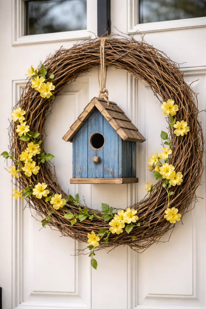 A realistic photo of a small wooden blue birdhouse hanging on a front door, surrounded by a grapevine wreath and a few sprigs of yellow jasmine flowers.