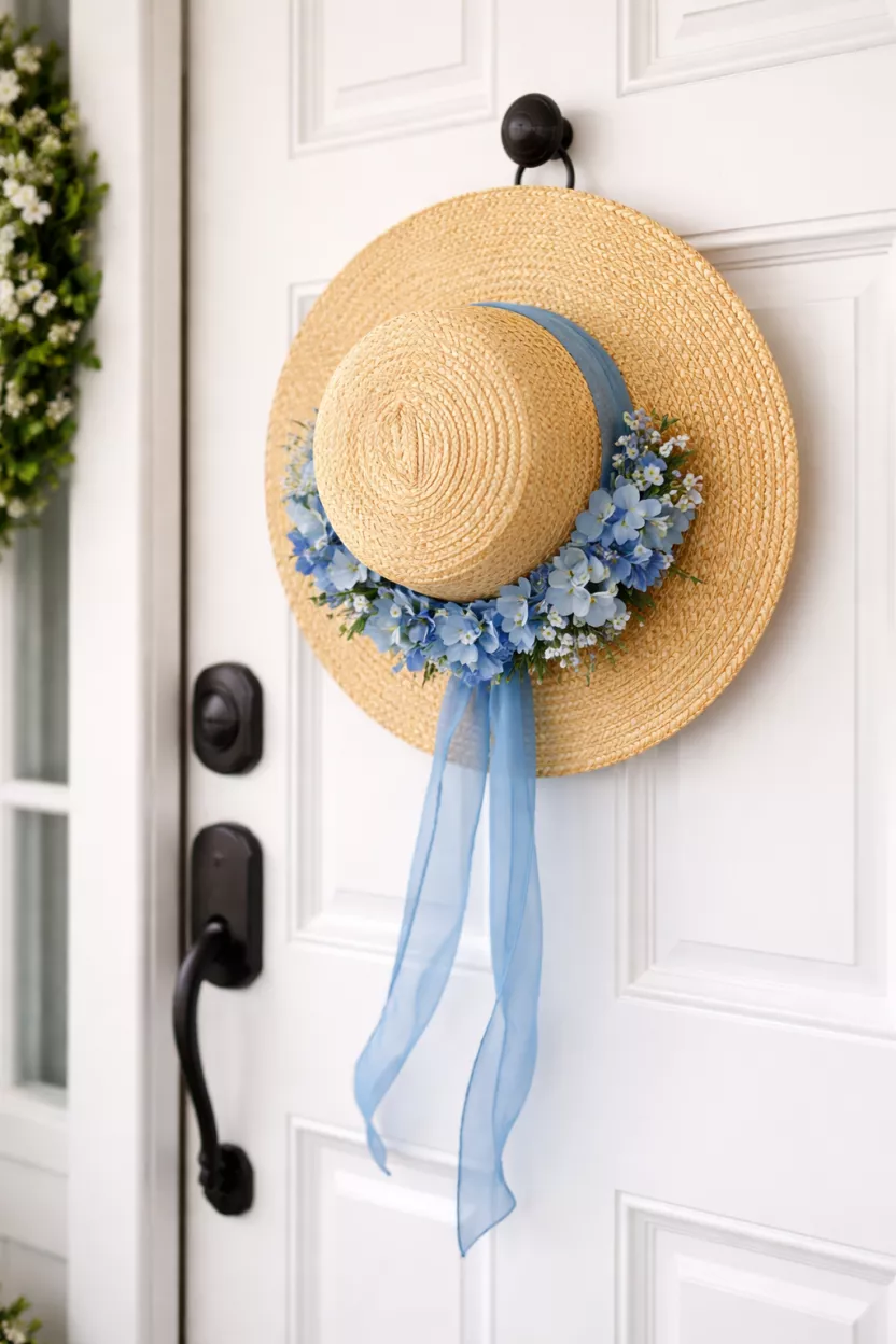 A realistic photo of a tan straw sun hat hanging on a front door, decorated with a band of blue flowers and a trailing blue ribbon, on a white door with black hardware.