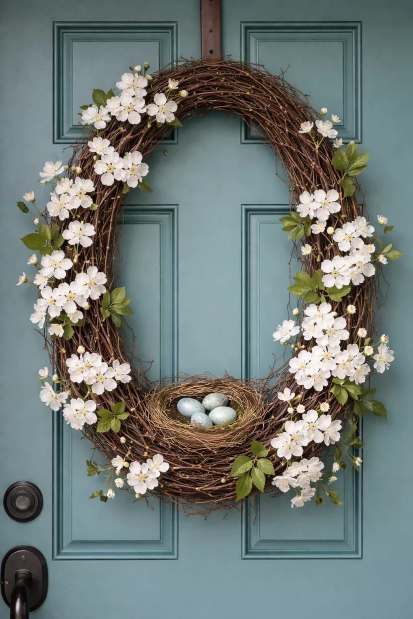 A realistic photo of an oval grapevine wreath featuring a small bird nest with blue eggs, surrounded by white cherry blossoms and green leaves, hanging on a teal front door.