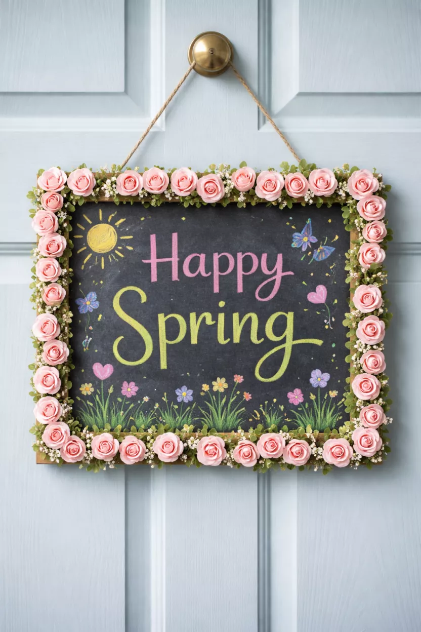 A realistic photo of a rectangular chalkboard hanging on a light blue door, featuring a hand-drawn 'Happy Spring' message and a border made of small pink silk roses.