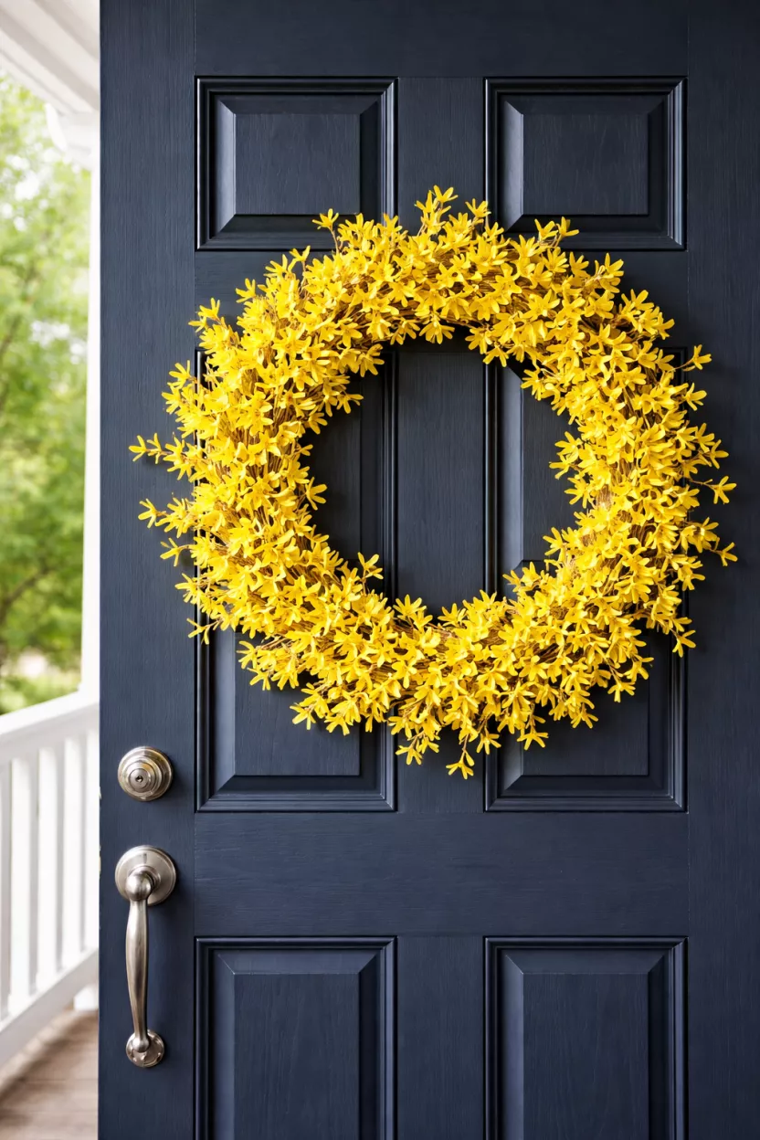 The Classic Forsythia Wreath A realistic photo of a bright yellow forsythia wreath hanging on a navy blue front door, the many small yellow blossoms create a thick circular shape against the wood grain, while a white wooden porch railing sits in the background.