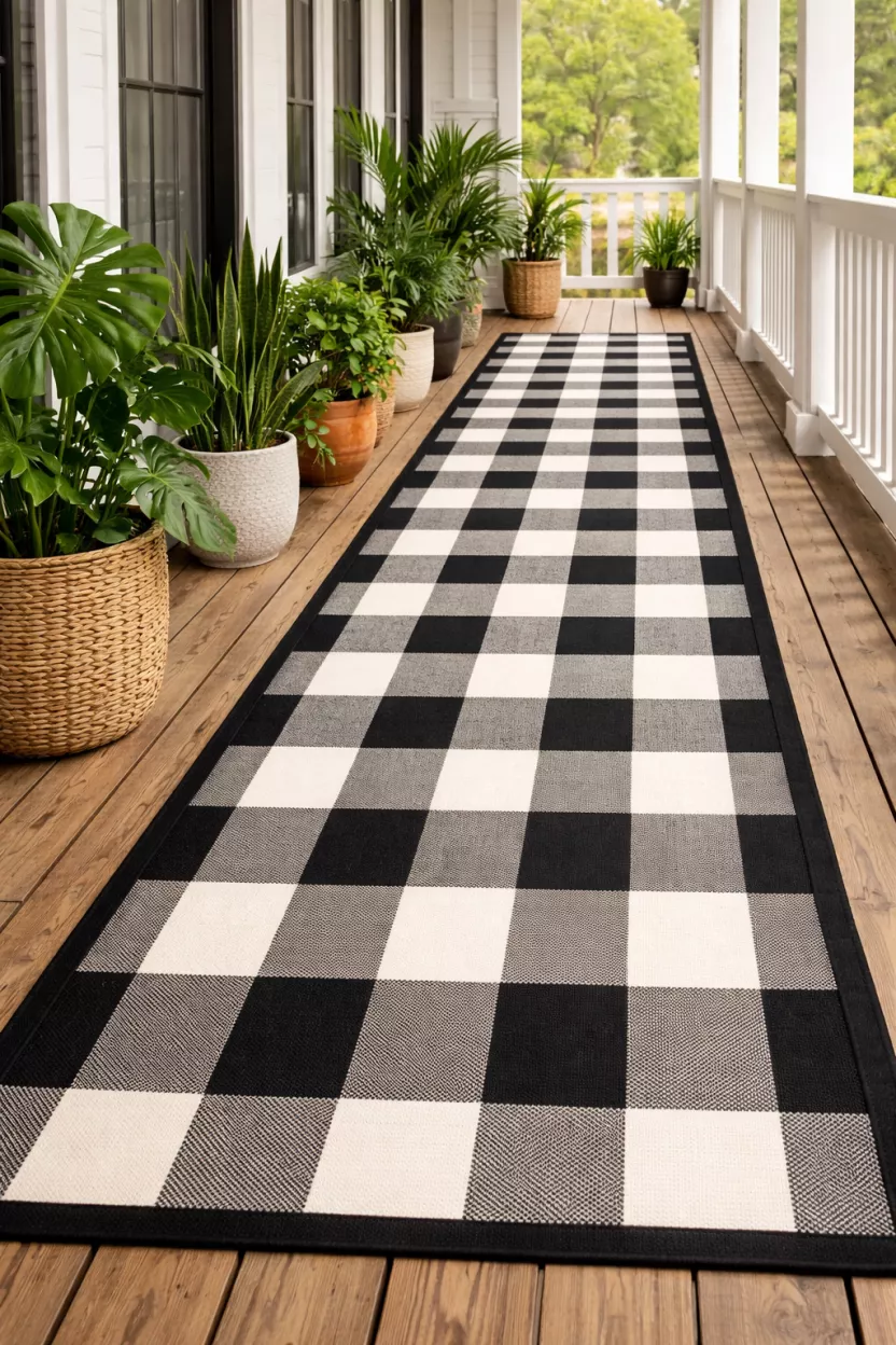 A realistic photo of a long black and white checkered outdoor floor runner extending along a wooden porch, with several green potted plants lined up along its edge.