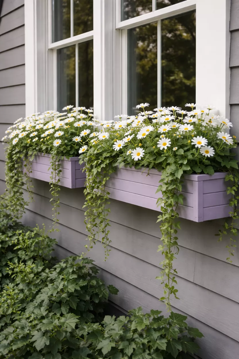 A realistic photo of long wooden window boxes painted a soft lavender purple filled with white daisies and green Ivy trailing over the sides, attached to a gray house wall beneath a bright glass window.