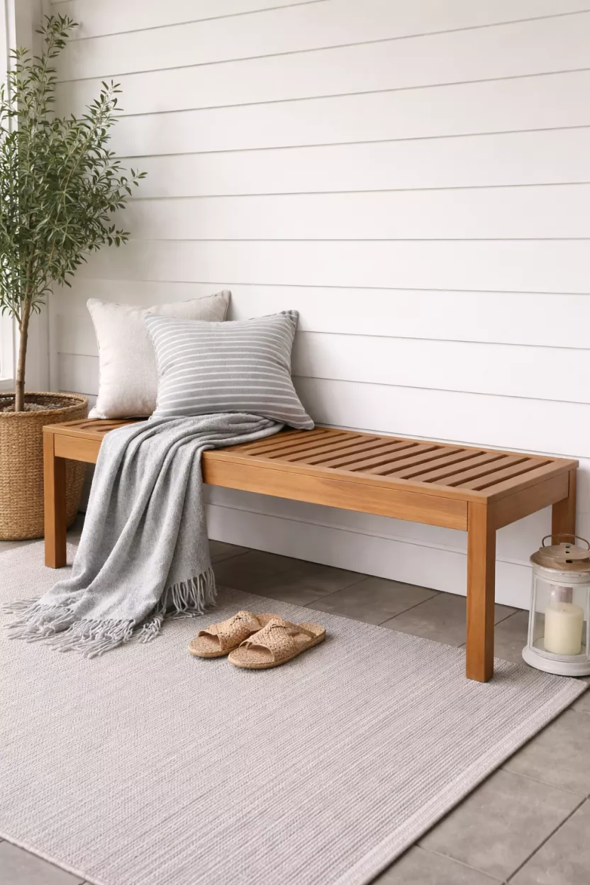 A realistic photo of a modern light brown teak wood slat bench sitting against a white porch wall, decorated with a soft gray outdoor throw blanket.