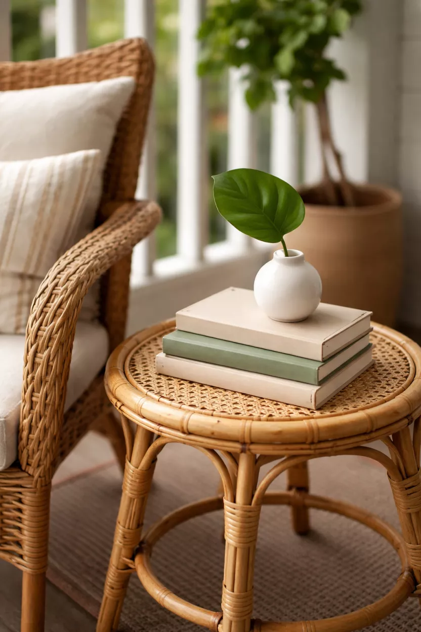 A realistic photo of a small round tan rattan side table sitting next to a porch chair, holding a stack of books and a small white vase with a single green leaf.