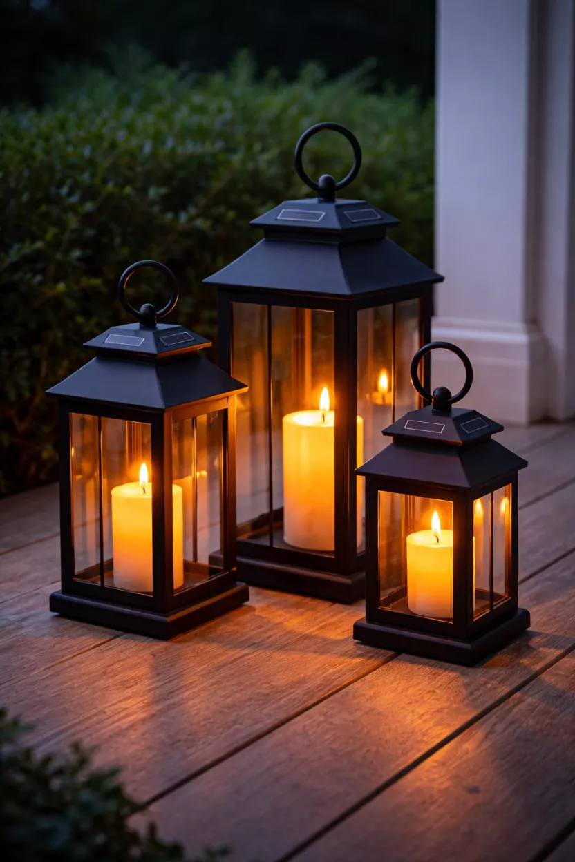 A realistic photo of three black metal solar powered lanterns of different heights sitting on a porch floor, emitting a warm orange glow during twilight against a background of green shrubs.