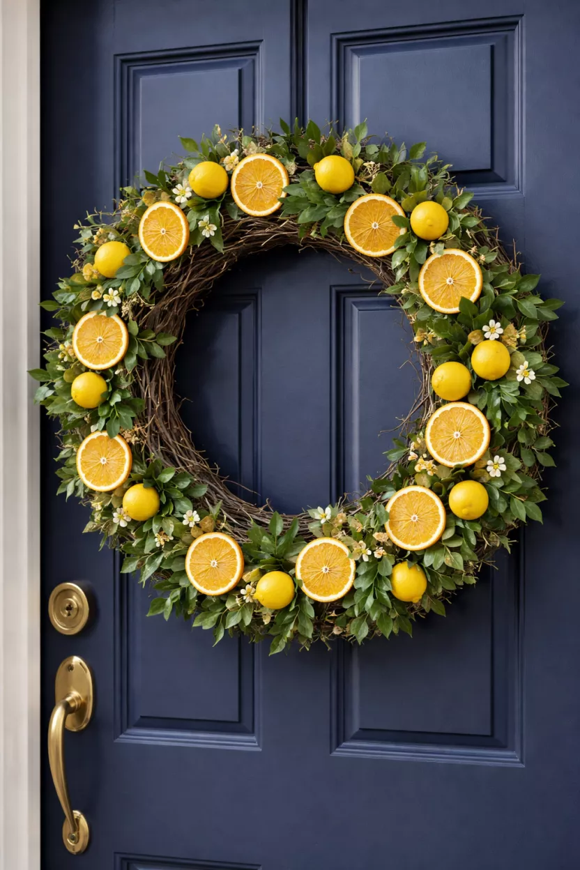 A realistic photo of a large round grapevine wreath decorated with artificial orange slices, small lemon faux fruits, and shiny green leaves, hanging on a Navy blue front door with a gold handle.