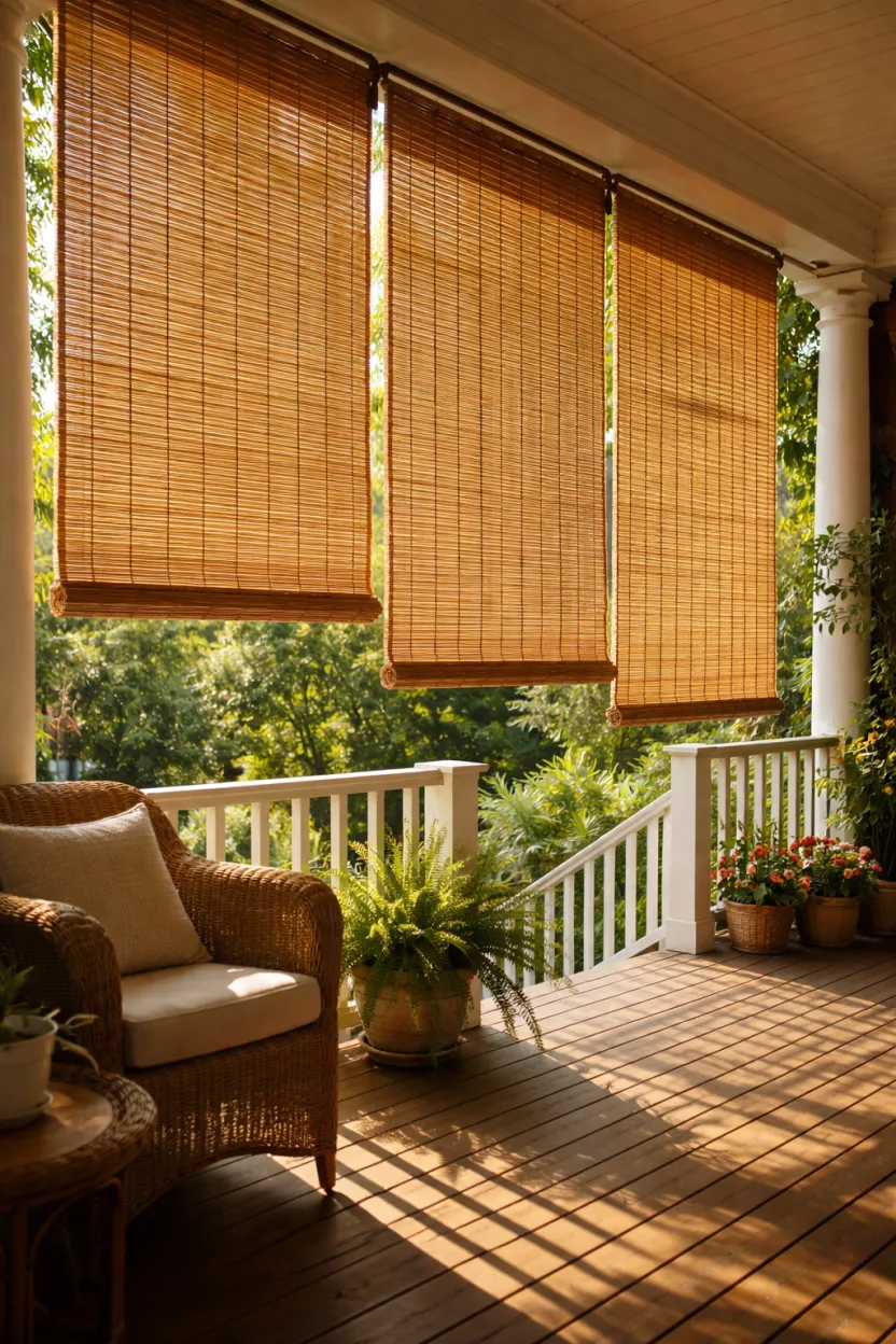 A realistic photo of light tan bamboo roll up blinds partially lowered on a porch, filtering the sunlight into striped patterns on the floor.