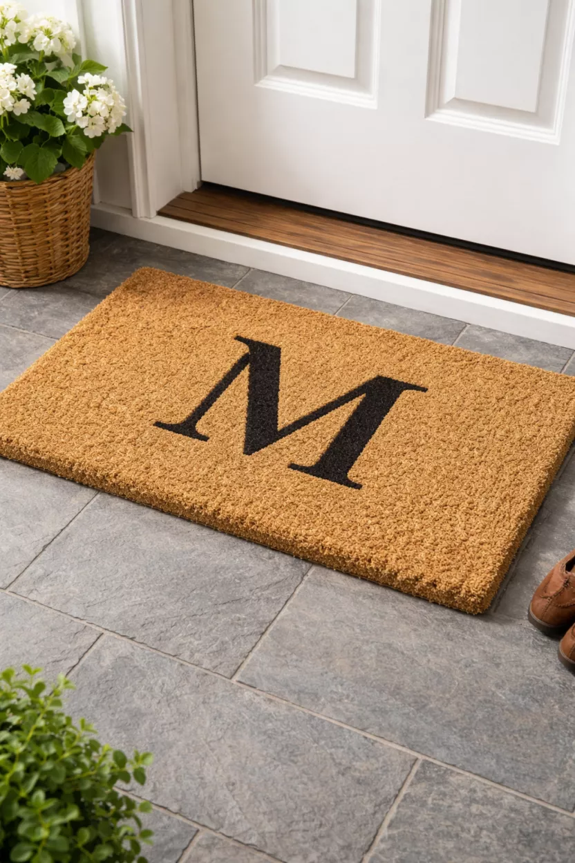 A realistic photo of a thick tan coir doormat with a large black letter M monogrammed in the center, sitting on a gray stone porch floor in front of a white door.