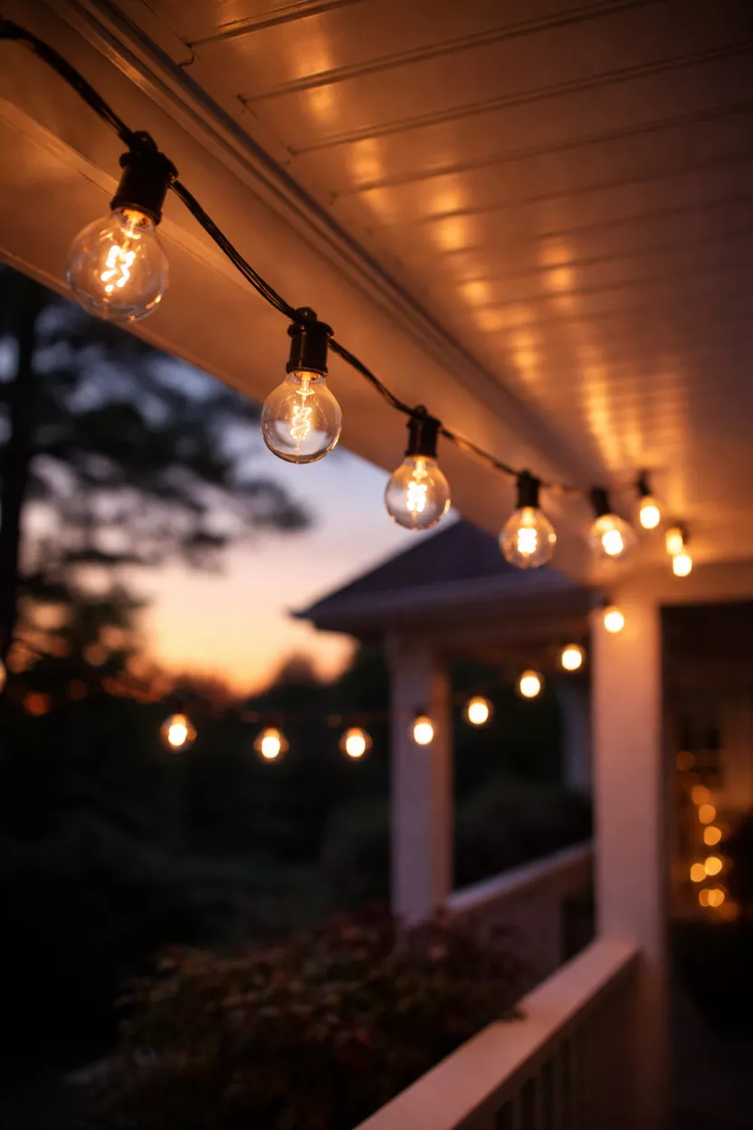 A realistic photo of warm white festoon string lights with large clear bulbs draped across a porch ceiling, glowing softly as the sun set in the background.