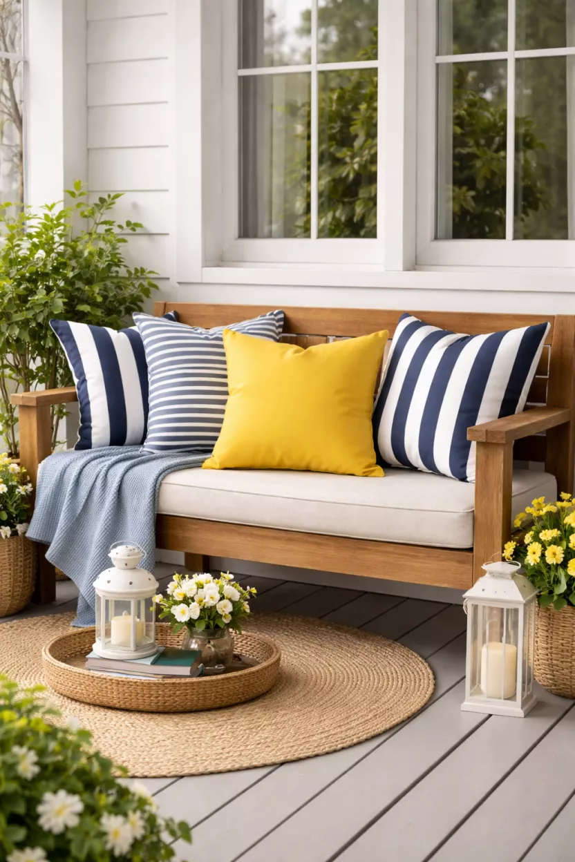 A realistic photo of a wooden bench on a porch decorated with several navy blue and white striped outdoor throw pillows and one bright yellow solid pillow in the center.