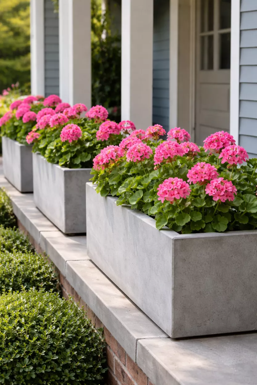 A realistic photo of heavy rectangular gray concrete planters sitting along the edge of a porch, filled with bright pink geraniums and green leaves.