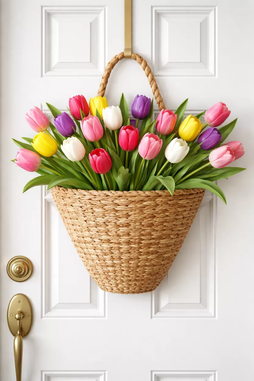 A realistic photo of a flat tan woven reed basket hanging on a white front door, filled with long stem colorful tulips and green leaves instead of a traditional wreath.