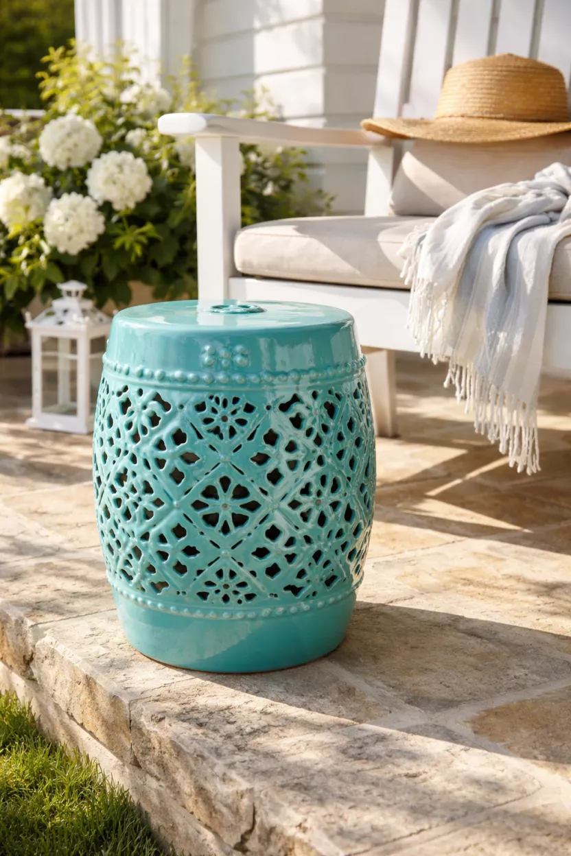 A realistic photo of a shiny turquoise ceramic garden stool with a pierced pattern, sitting on a stone porch next to a white chair under the bright sun.