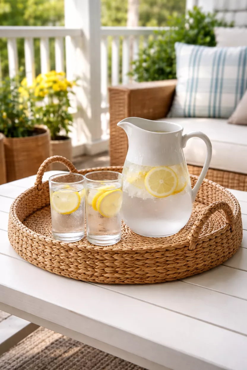 A realistic photo of a round tan woven seagrass serving tray sitting on a porch coffee table, holding a white ceramic pitcher of water and two clear glasses with lemon slices.