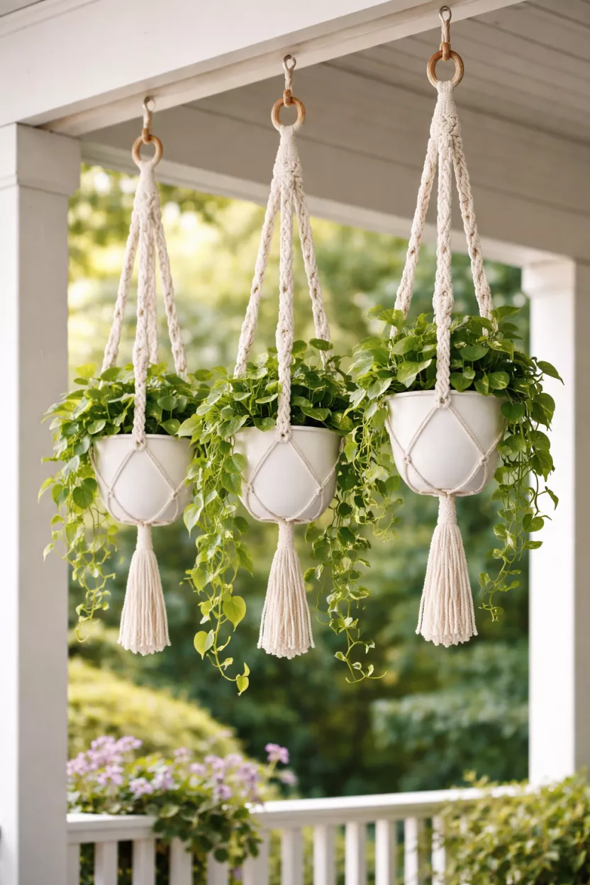 A realistic photo of three white cotton macrame plant holders hanging from a porch beam, containing green trailing plants like pothos in simple white ceramic pots.