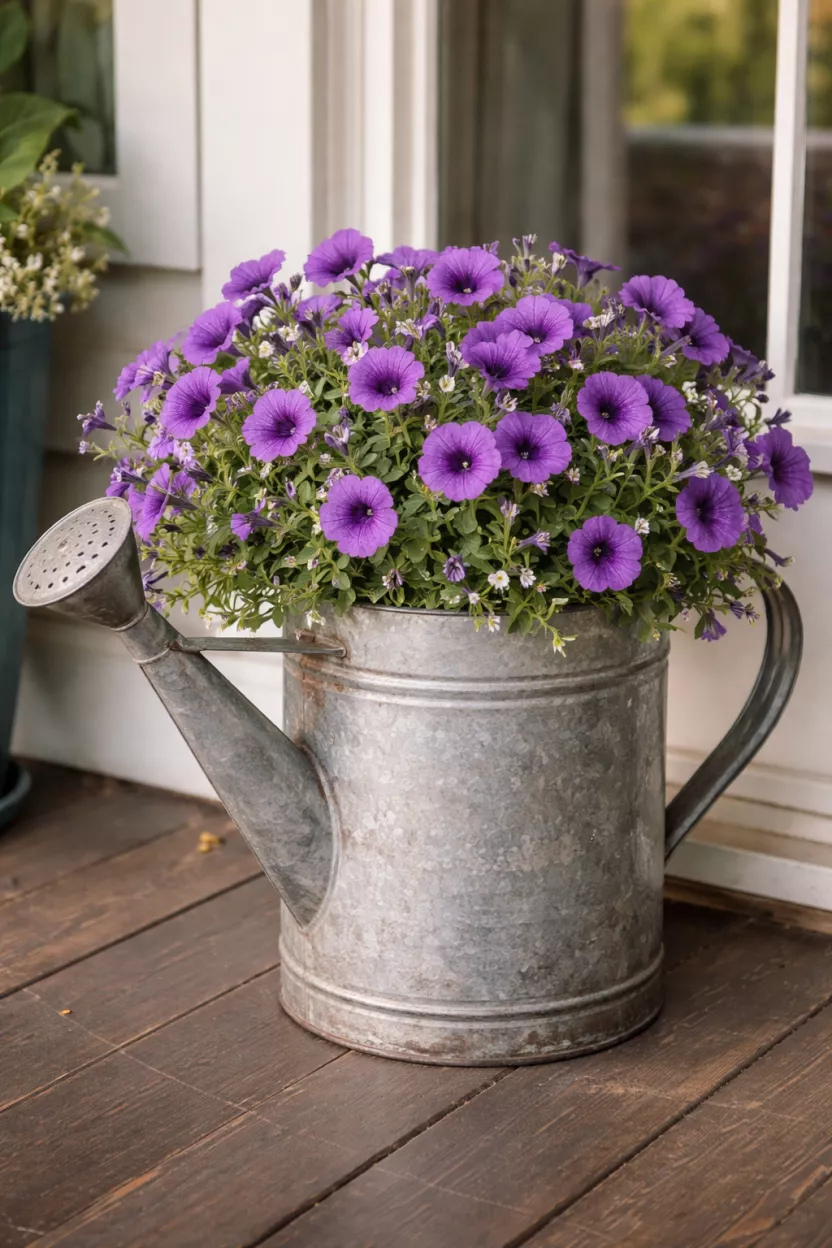 A realistic photo of a large vintage silver galvanized metal watering can sitting on a porch floor, overflowing with purple petunias and green foliage.