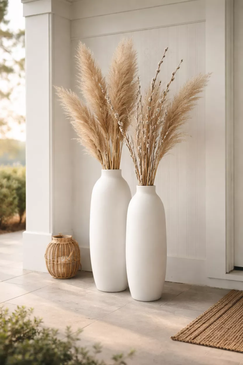 A realistic photo of two tall matte white ceramic floor vases sitting in a corner of a porch, filled with tall dried pampas grass and pussy willow branches, reflecting the soft morning light.