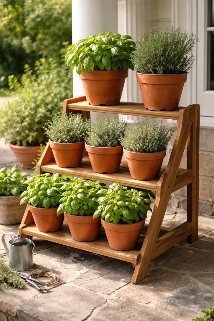 A realistic photo of a tiered wooden plant stand holding several orange terracotta pots filled with green basil, Rosemary, and thyme plants, positioned in a sunny spot on a stone porch.