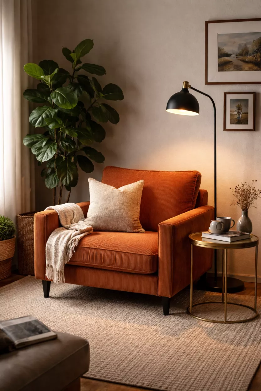 A realistic photo of a cozy reading nook with a burnt orange corduroy armchair, a small gold side table, a black floor lamp, and a large green potted plant in the corner.