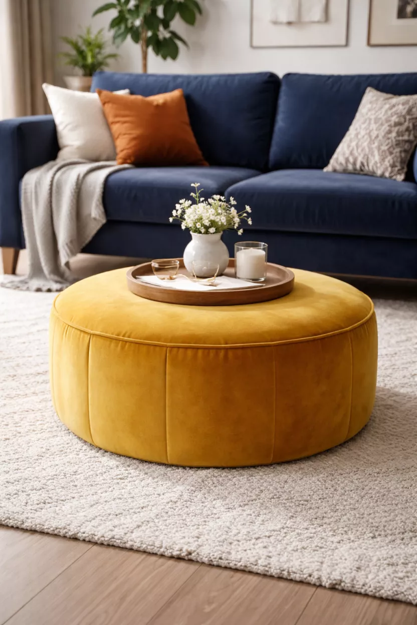 A realistic photo of a mustard yellow round velvet ottoman in a living room, a dark blue sofa in the background, and a white rug.