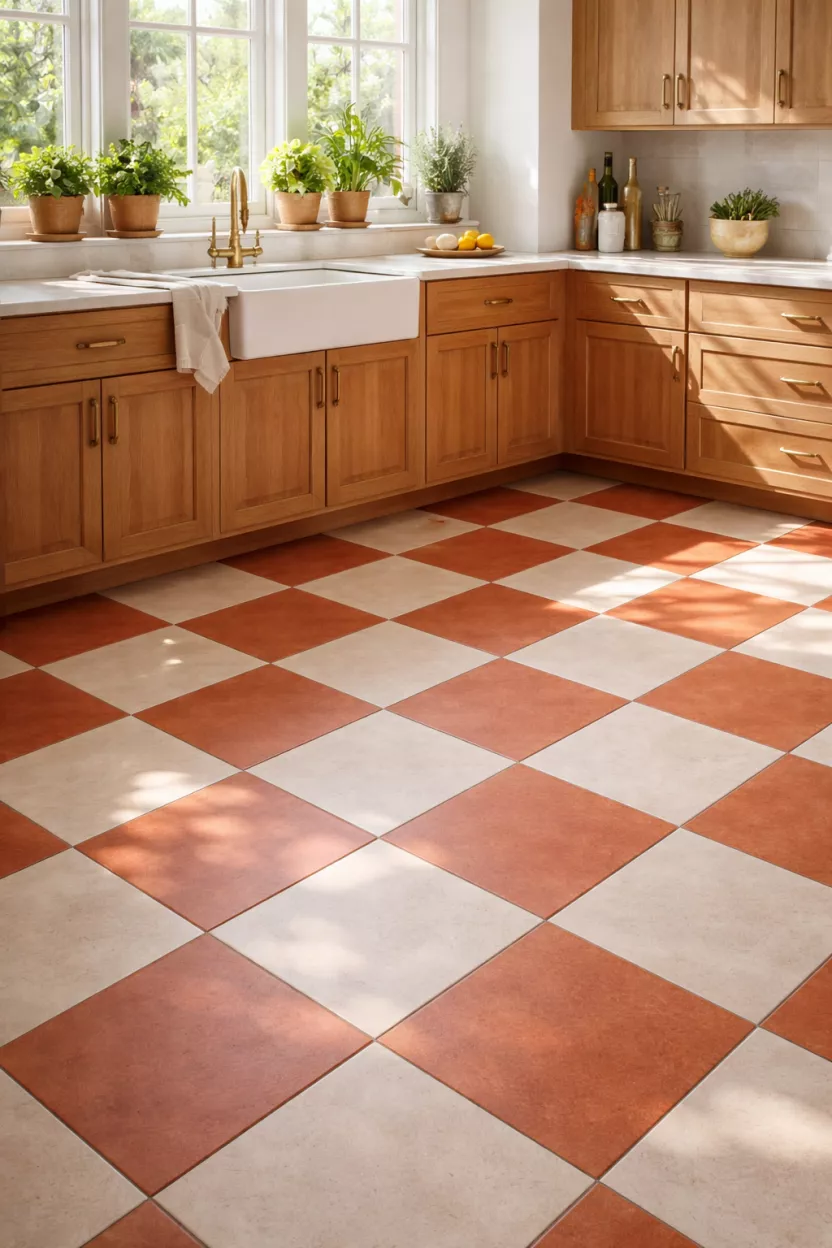 A realistic photo of a kitchen floor featuring a checkerboard pattern of matte terracotta tiles and creamy white stone tiles, wooden cabinetry with brass handles, a small herb garden on the windowsill, and bright afternoon sunlight.