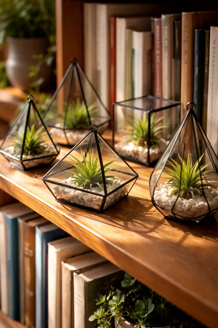 A realistic photo of several small geometric glass terrariums with black metal edges containing green air plants, sitting on a sunlit wooden bookshelf.