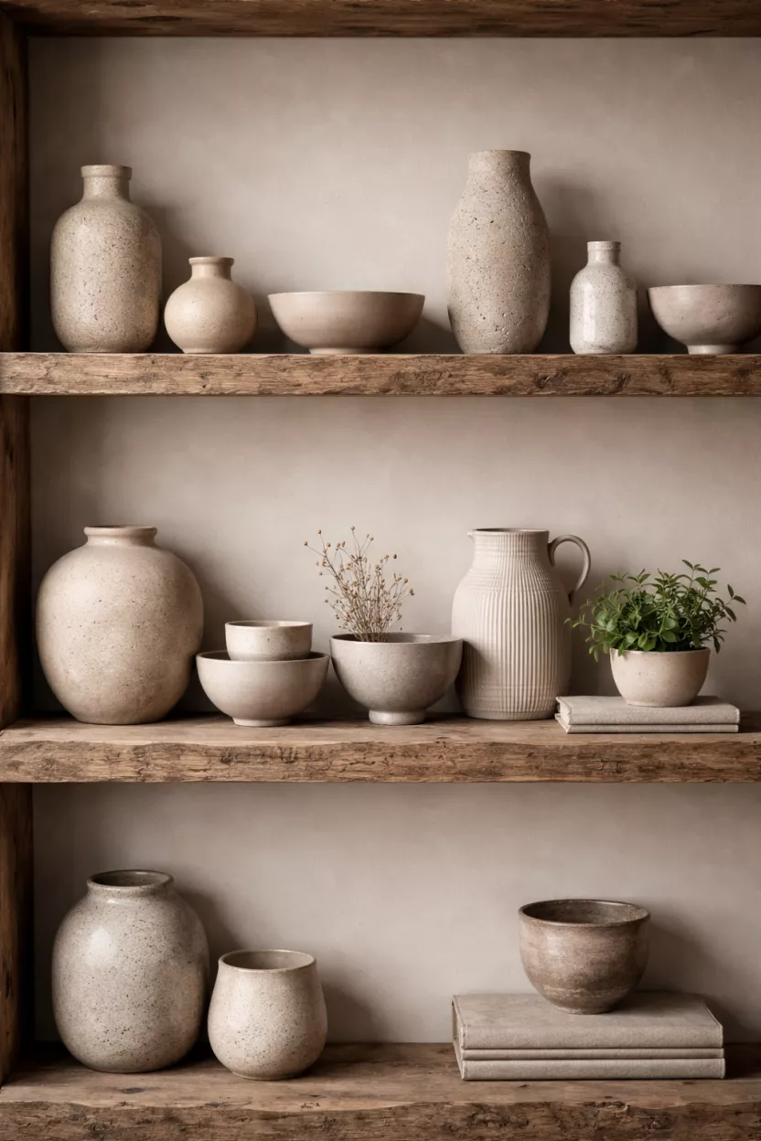 A realistic photo of rough hewn wooden open shelves with various beige and gray handmade clay vases and bowls, a small green plant, and a neutral wall behind.