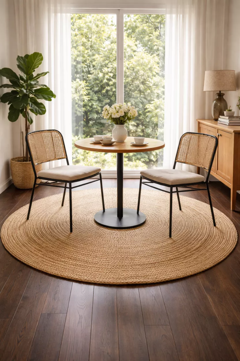 A realistic photo of a circular jute rug on a dark wood floor, a small round table with two chairs, and a large window in the background.